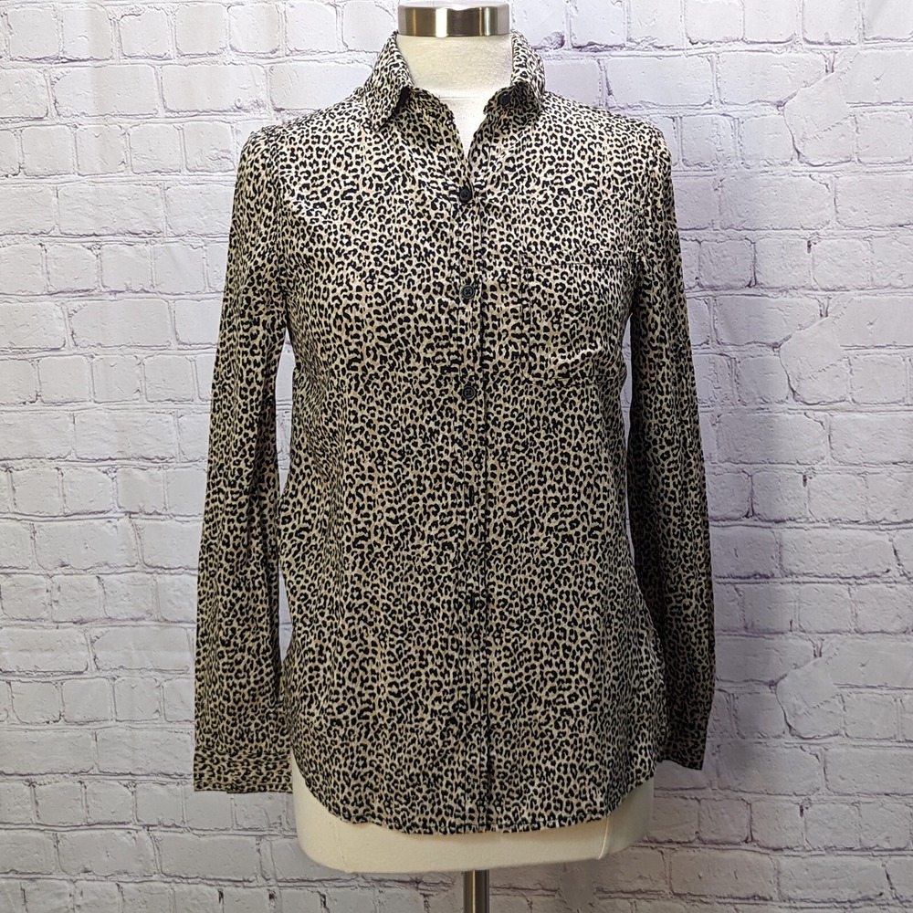 Beach Lunch Lounge Blouse Women XS Tan Alanna Animal Print Button Front NWT